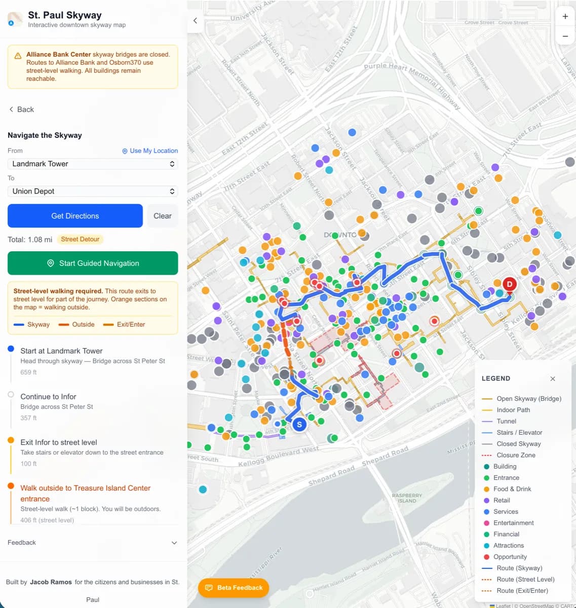 SPSkywayMap — A geospatial navigation app mapping all 47 blocks of Saint Paul's skyway system.