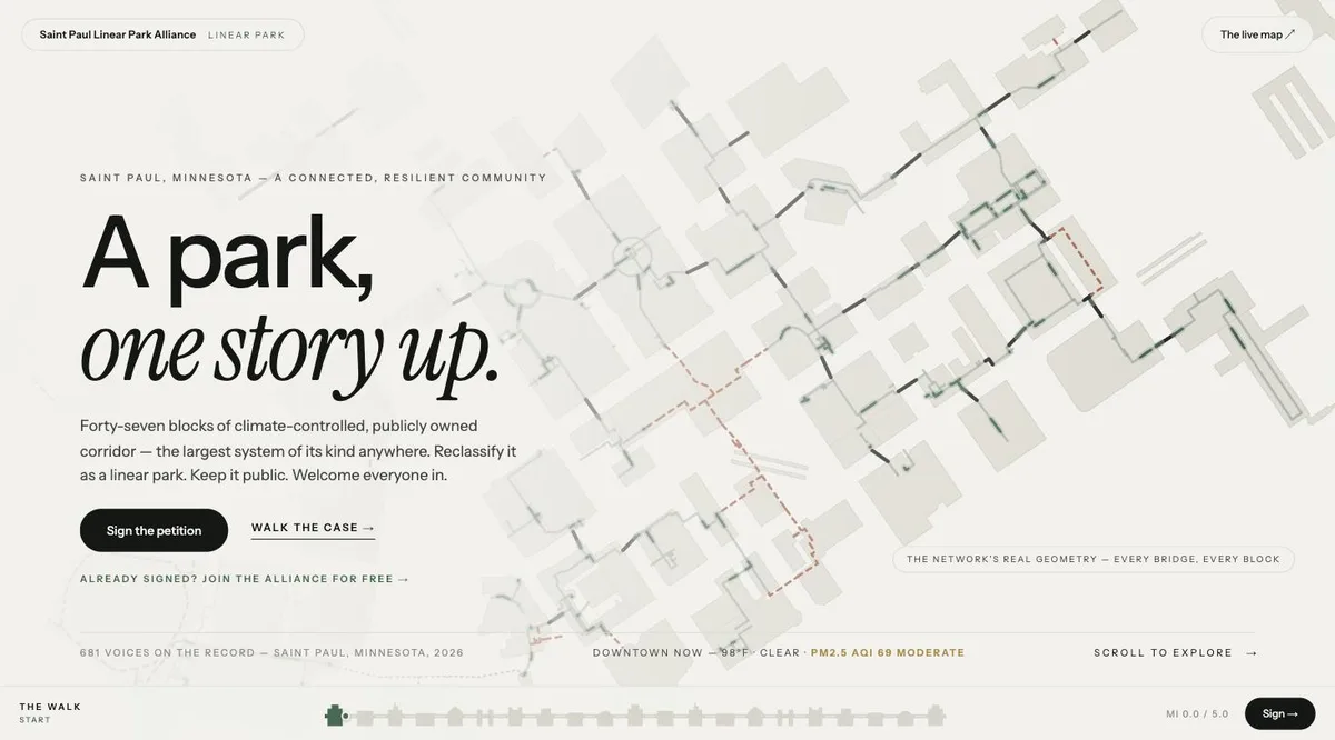 The Linear Park Alliance homepage over the real skyway network geometry, with live downtown temperature and air quality and 681 recorded voices