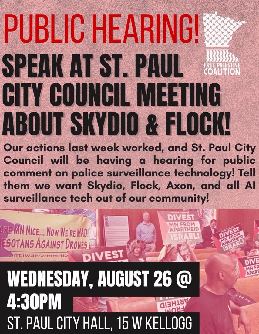Free Palestine Coalition poster for the August 26 hearing